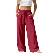 RFINGUQIP Pants For Women Casual Pants For Women Pocket Button High Waist Wide Leg Casual