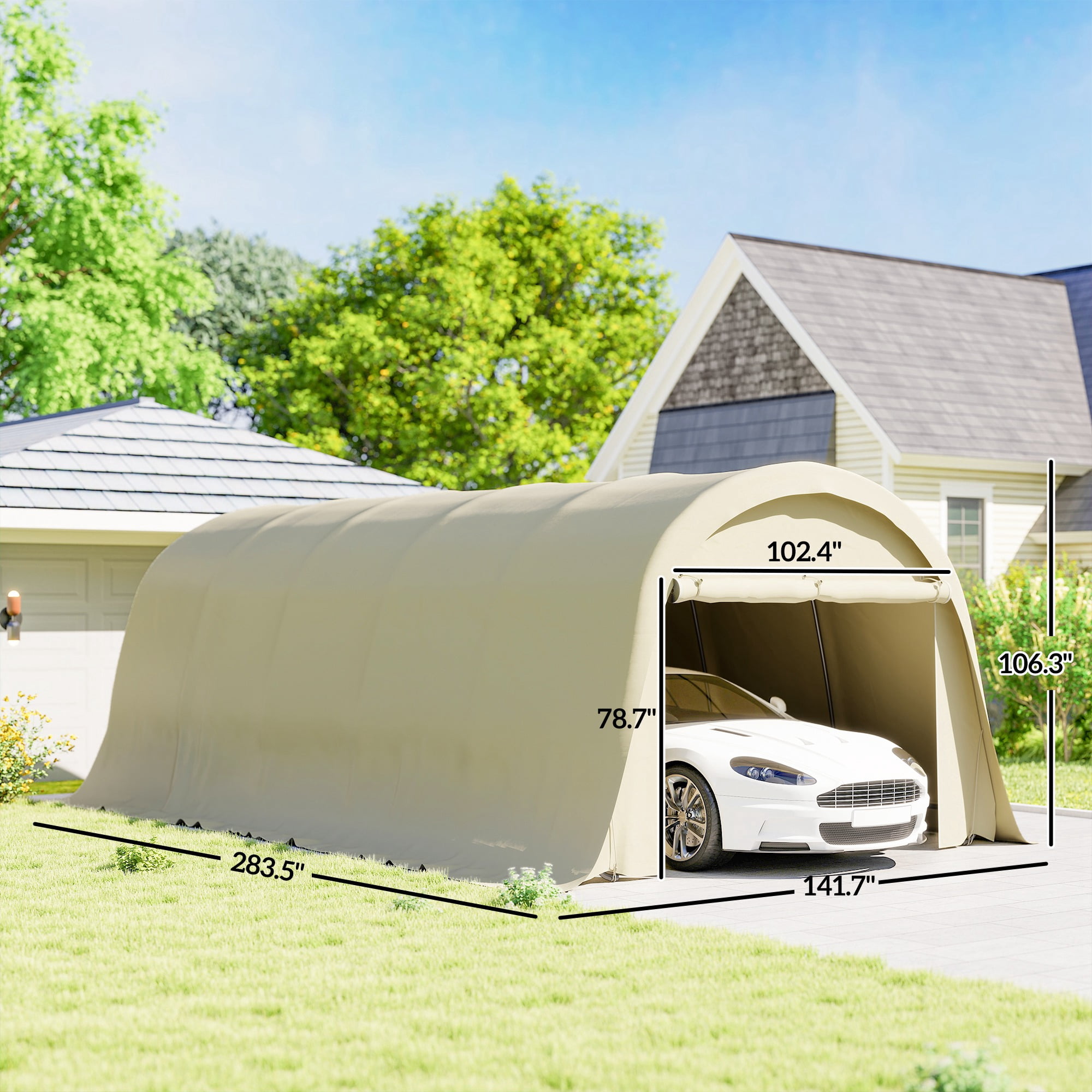 12' x 23.6' Heavy Duty Carport, UPF50+ Portable Garage Car Canopy Tent with Galvanized Frame, Large Door, Beige