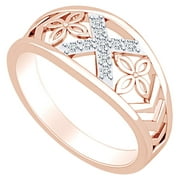 1/8 Carat Round White Natural Diamond Flower Band Ring 14k Rose Gold Over Sterling Silver (0.13 Cttw)