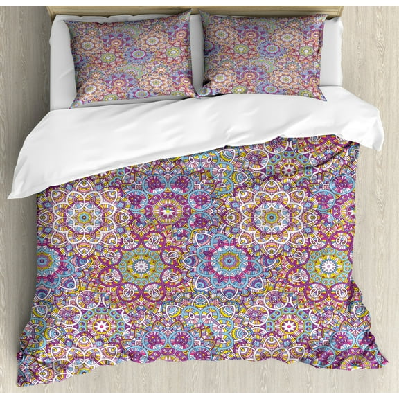 Lotus Duvet Cover Set Queen Size, Mandala Pattern with Mixed Floral Folk Circles Colorful Oriental Florets Artsy Design, Decorative 3 Piece Bedding Set with 2 Pillow Shams, Multicolor, by Ambesonne