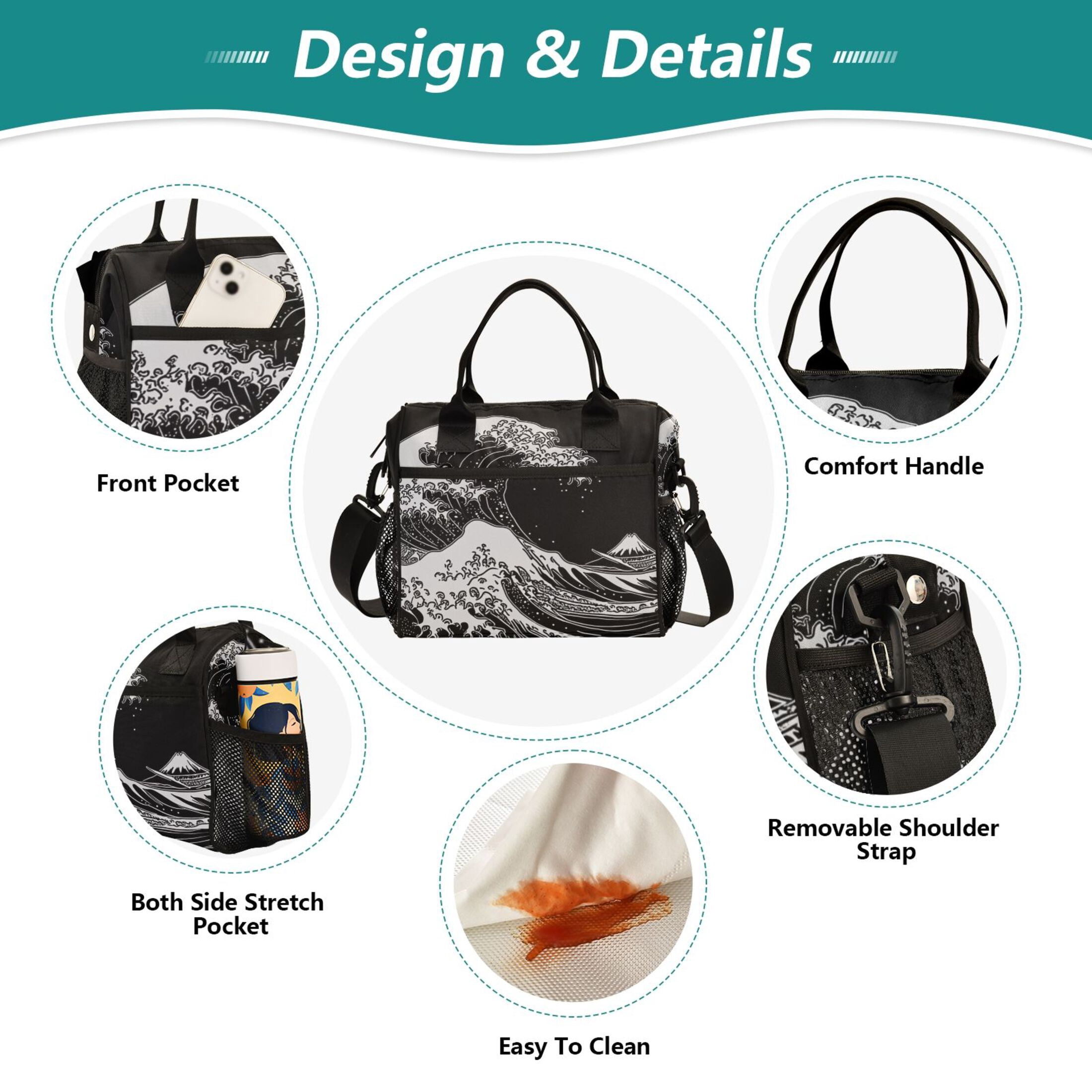 Great Wave Off Kanagawa Lunch Bag Insulated Lunch Box Leakproof Reusable Cooler Tote Adjustable Shoulder Strap for Men Women 12L