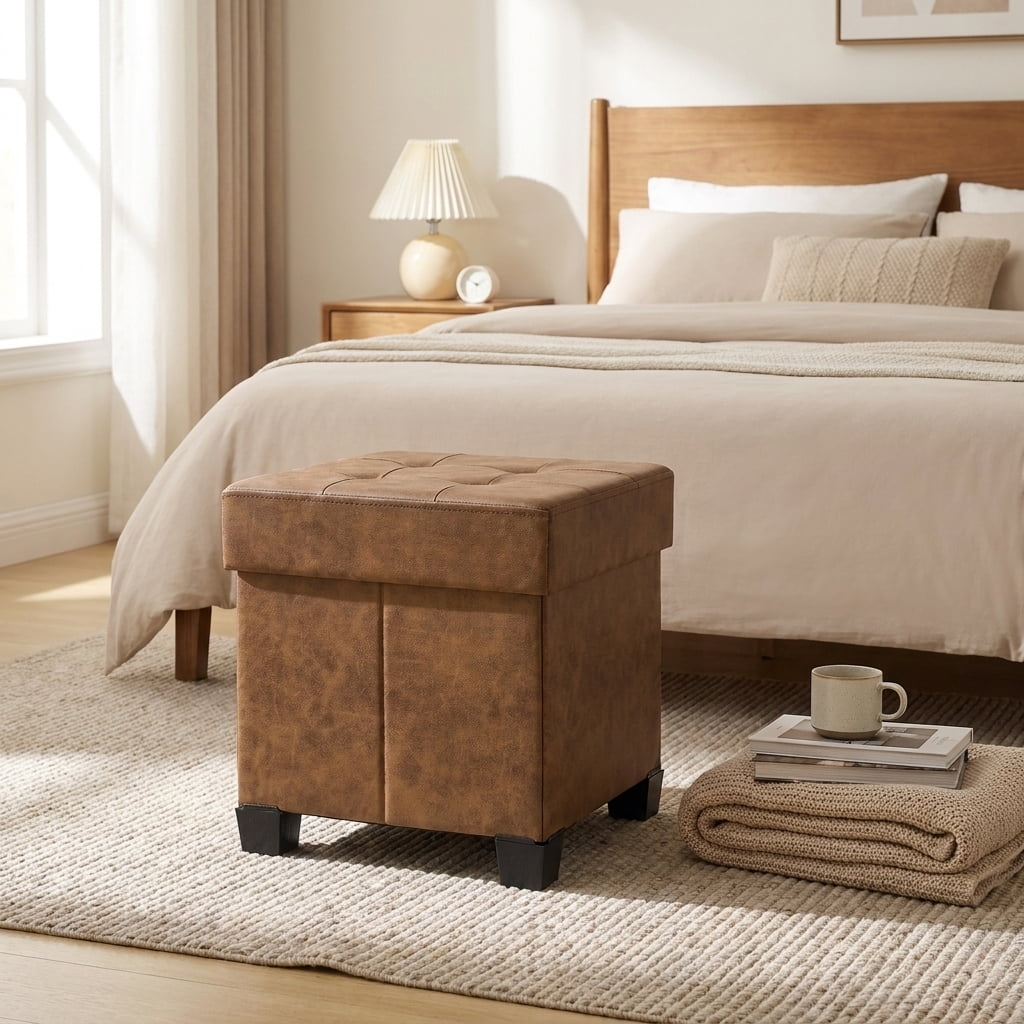 Ledrem Coffee Brown Foldable Ottoman Storage Bench, Footstool with 660 lb Capacity