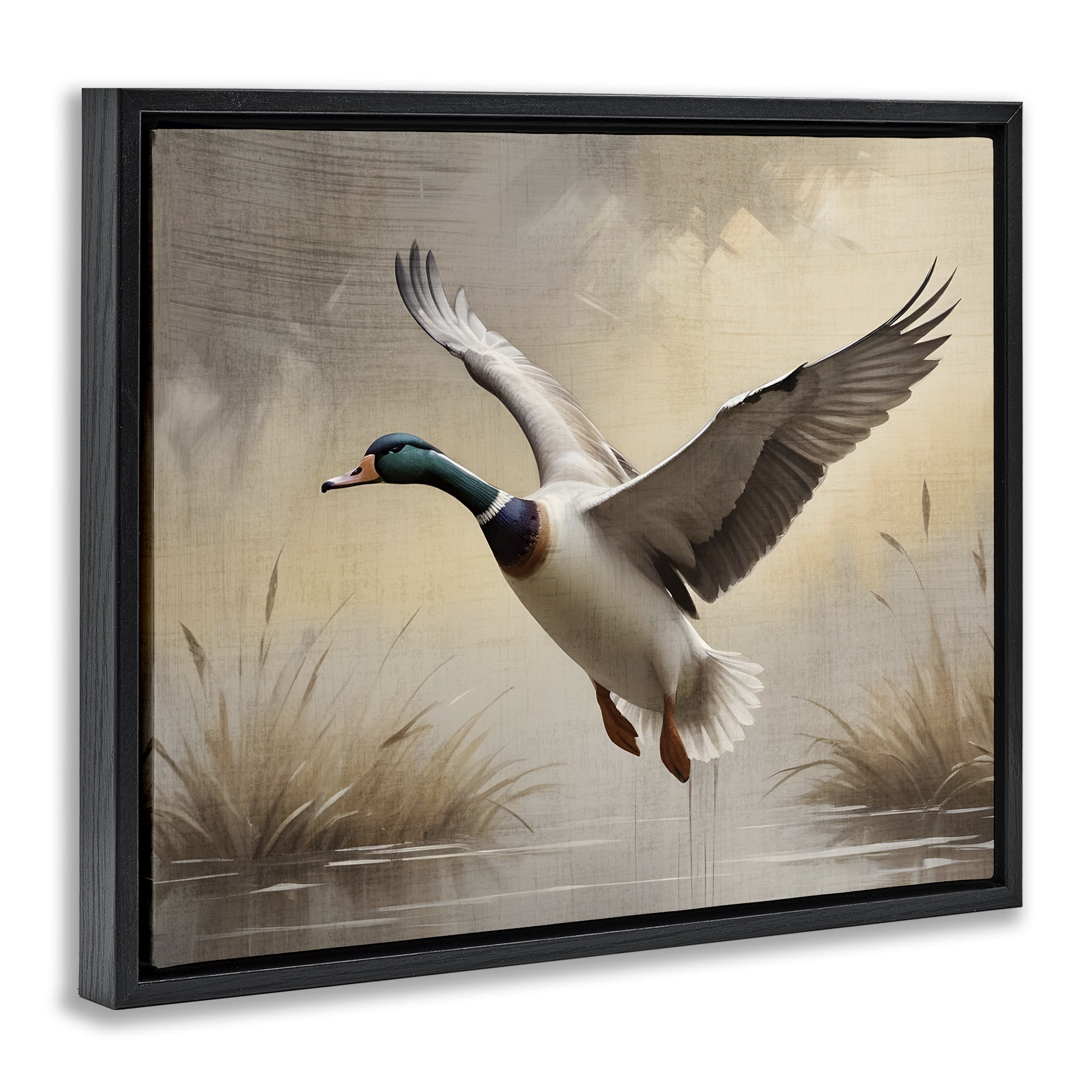 Stupell Industries Gliding Mallard over Wetlands Black Framed Floater Canvas Wall Art, design by Susan Arnot
