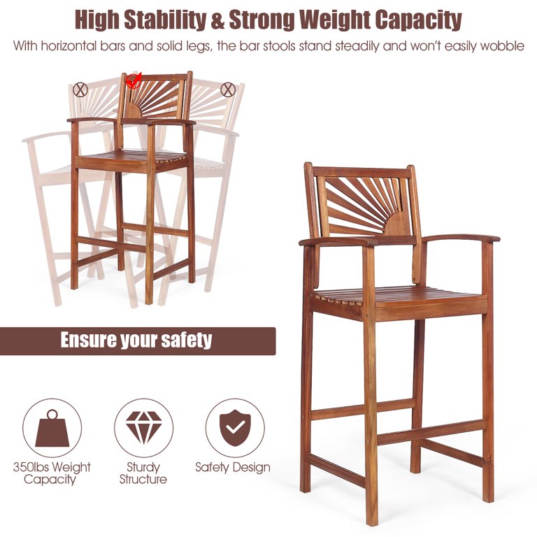 Costway Set of 2 Bar Stools 29inch Acacia Wood Pub Chairs Outdoor