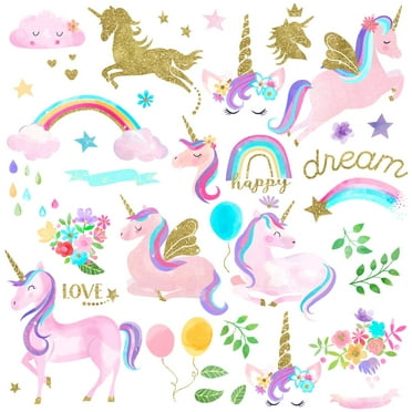 Watercolor Magical Unicorn Peel and Stick Wall Art Sticker Decals for Girls Room Nursery Parties