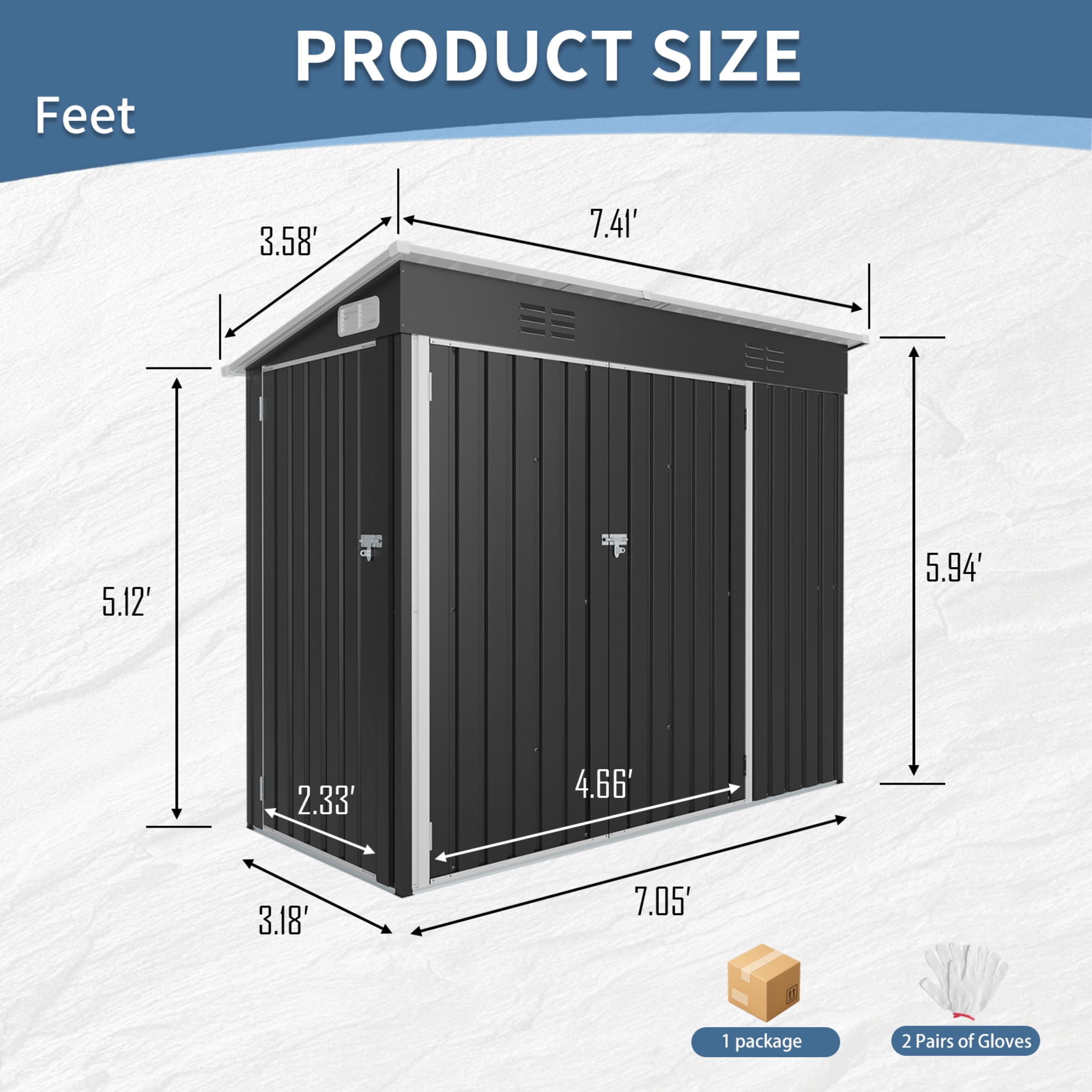 Noble House 4x8 FT Galvanized Steel Outdoor Storage Shed, Weatherproof 3-Door Metal Utility Shed, Black