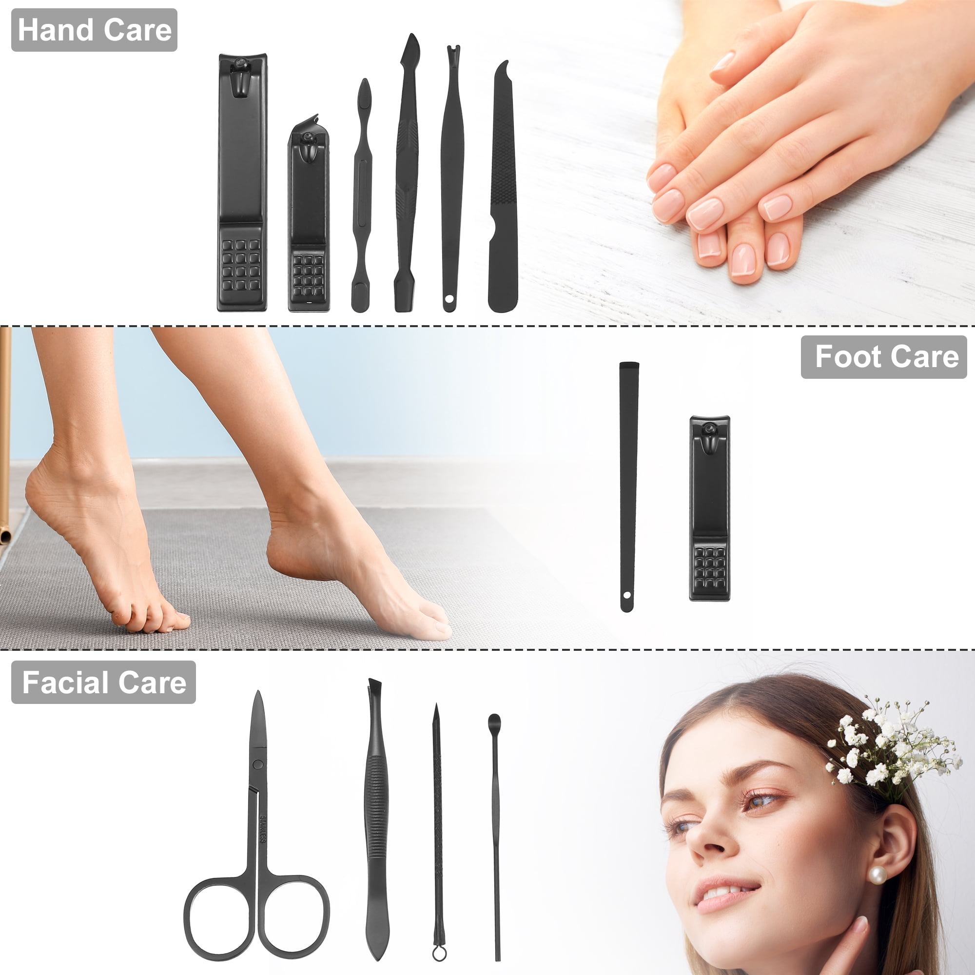 Unique Bargains 12 pcs Manicure Set with Blue PU Case Stainless Steel Personal Care Black