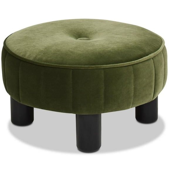 Pemberly Row 16" Round Footstool Ottoman Olive Green Velvet