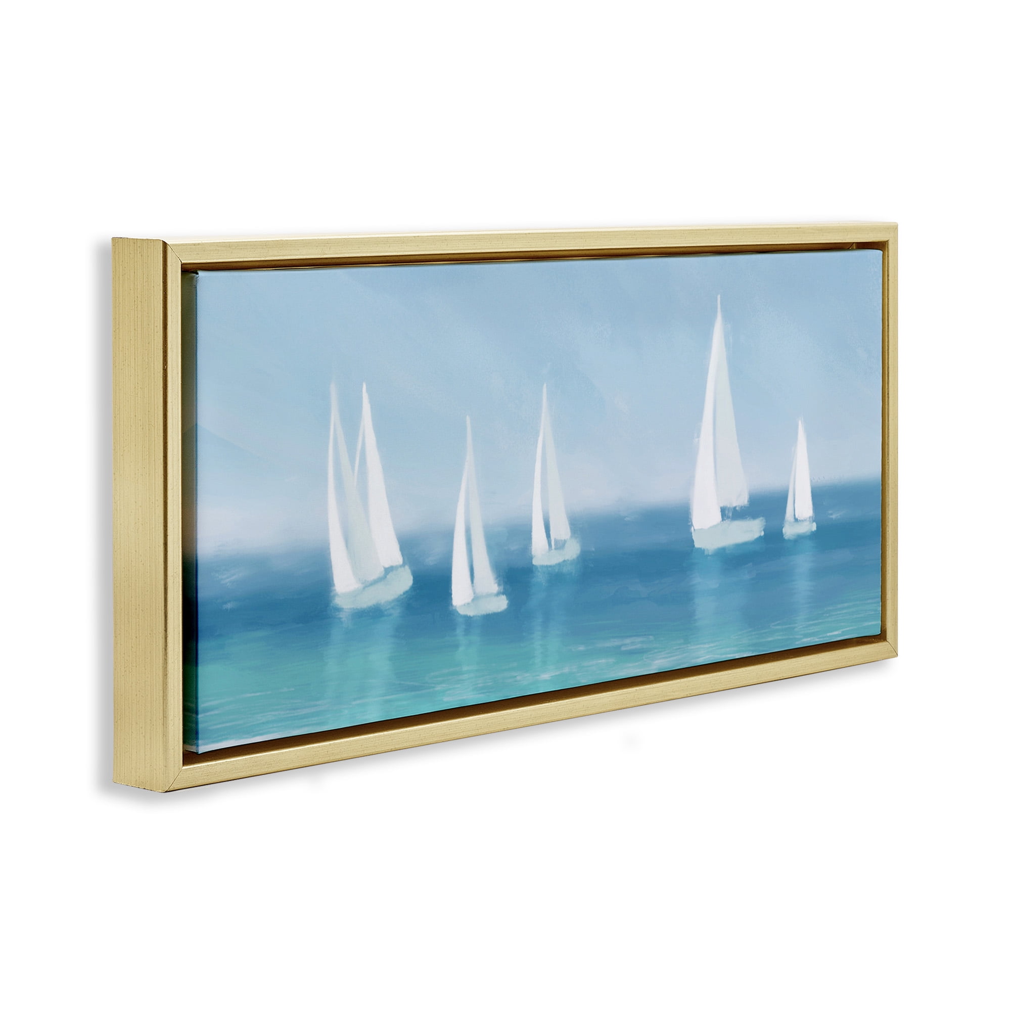 Stupell Industries White Sail Boats Across Coast Nature Painting Gold Floater Framed Canvas Art Print Wall Art, 25 x 11