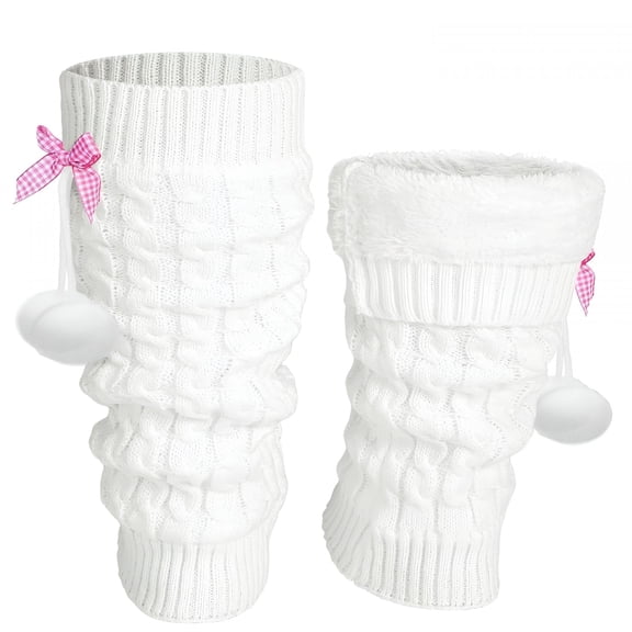 TELOLY Winter Fleece Lined Leg Warmers for Women Long Fluffy Cute Leg Warmers with Bow and Pompom Boot Socks White Fluffy Leg Warmers