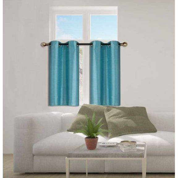 N25 Teal 1-Set Solid Faux Silk Grommet Top Small Window Curtain, 2 Semi Sheer Tier Panels 30" W x 36" L (Each Tier)