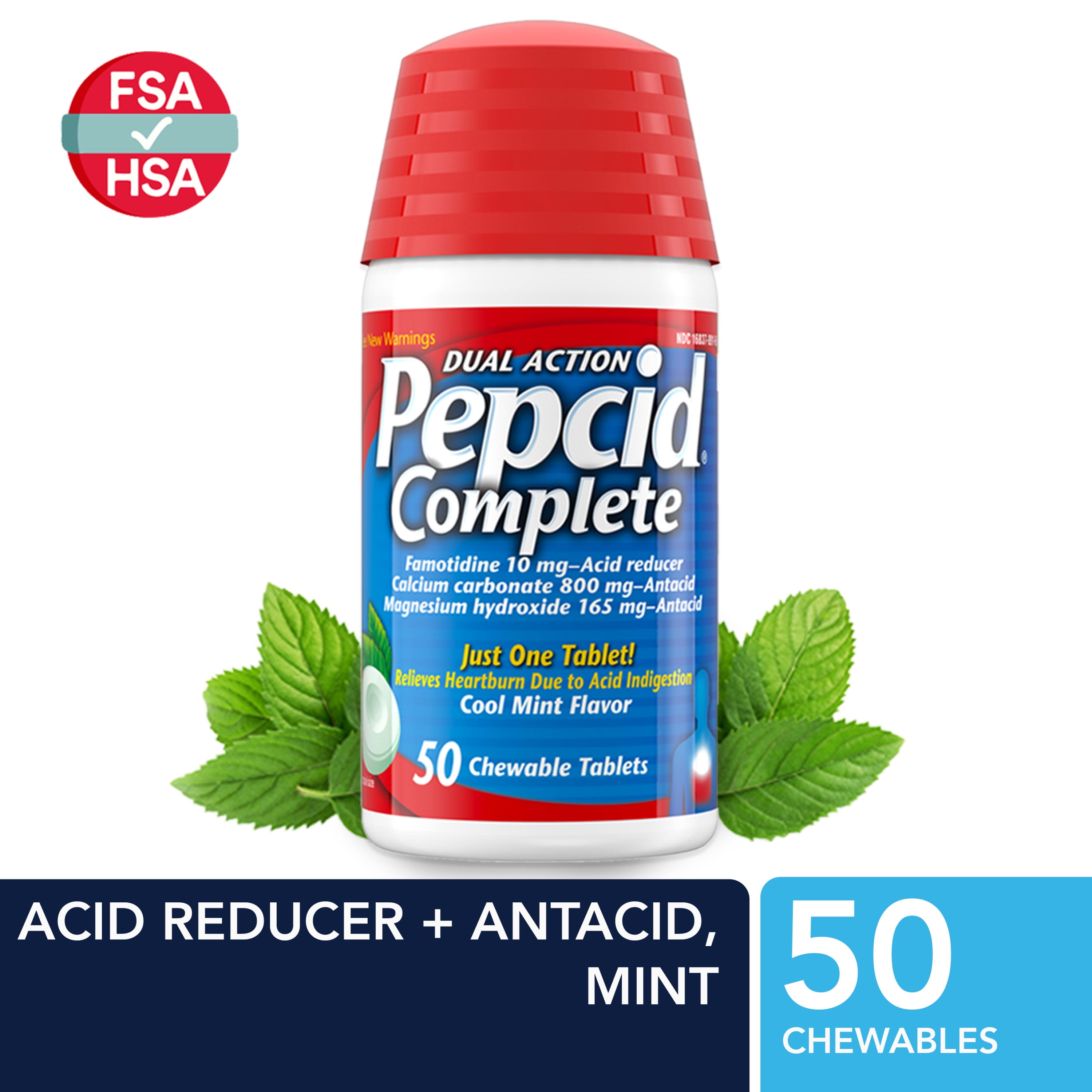Pepcid Complete Acid Reducer + Antacid Chewable Tablets, Mint, 50 ct