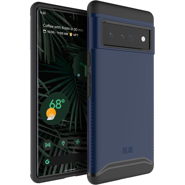 tudia funda merge para google pixel 6 pro 2021, de doble capa, resistente, color azul índigo — vista 3/4 frontal y posterior del Pixel 6 Pro con funda azul índigo y bordes negros; carcasa de policarbonato y TPU con recorte rectangular para cámara, crestas texturizadas antideslizantes en los laterales, botones delgados integrados y bordes elevados que protegen cámara y pantalla; adecuada para protección de grado militar y uso diario o viajes.