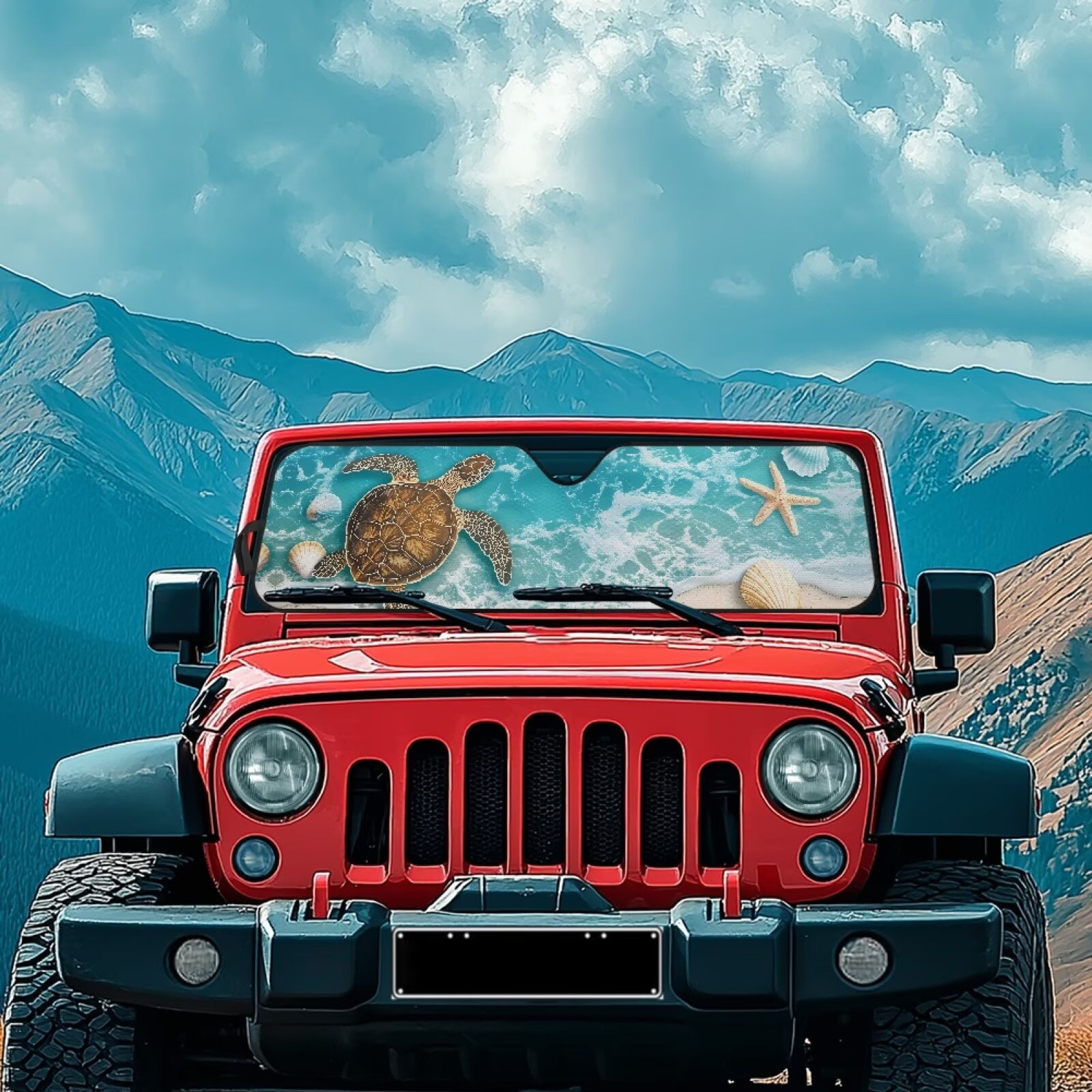 HUIACONG Beach Sea Turtle Front Windshield Sunshade Fit for Jeep Wrangler JL/JLU 2018-2024 & Jeep Gladiator JT 2020-2024, 240TShade Sun Visor Protector Blocks UV Rays Keep Vehicle Cooler