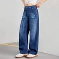thumbnail image 5 of Girls Solid Denim Jeans Wide Leg High Waist Loose Fit Baggy Full Length Casual Streetwear Trousers for Teenagers Youth Kids Blue 10 Years-11 Years, 5 of 6