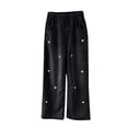 thumbnail image 2 of GiLiling Girls Baggy Oversized Cargo Jeans High Waist Wide Leg Vintage Wash Denim Pants Elastic Waist Y2K Aesthetic Heart Embroidery (Black, ) (Black, 15-16 Years), 2 of 8