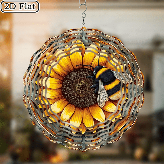 2D Flat 1pc Vibrant Bee Sunflower Wind Spinner, 10_inch Hanging Outdoor Decor for Yard Garden, Classic Style with Black, White, and Orange Stripes, Perfect for Spring, Summer, Mother'S & Father'S Day
