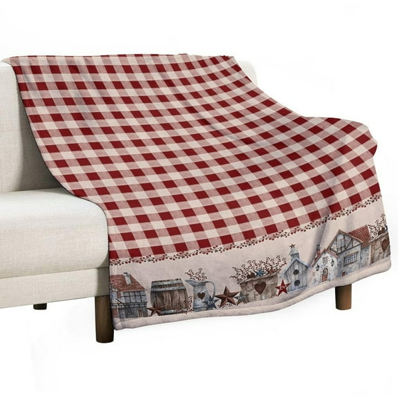 American Country Star Retro Red Checked Plaid Flannel Blanket Lightweight Blanket for Couch Sofa Bed, Super Soft Cozy Print Warm Blanket