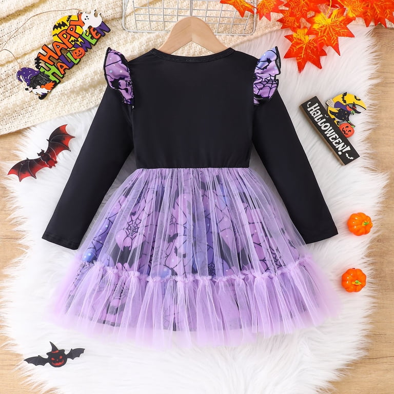 Muxiin Girls Halloween Bat Print Mesh Tutu Dress with Cartoon Sleeves and Bow for Party Casual Outfit Ages 1-8 Years Halloween Dress Toddler for 1-2