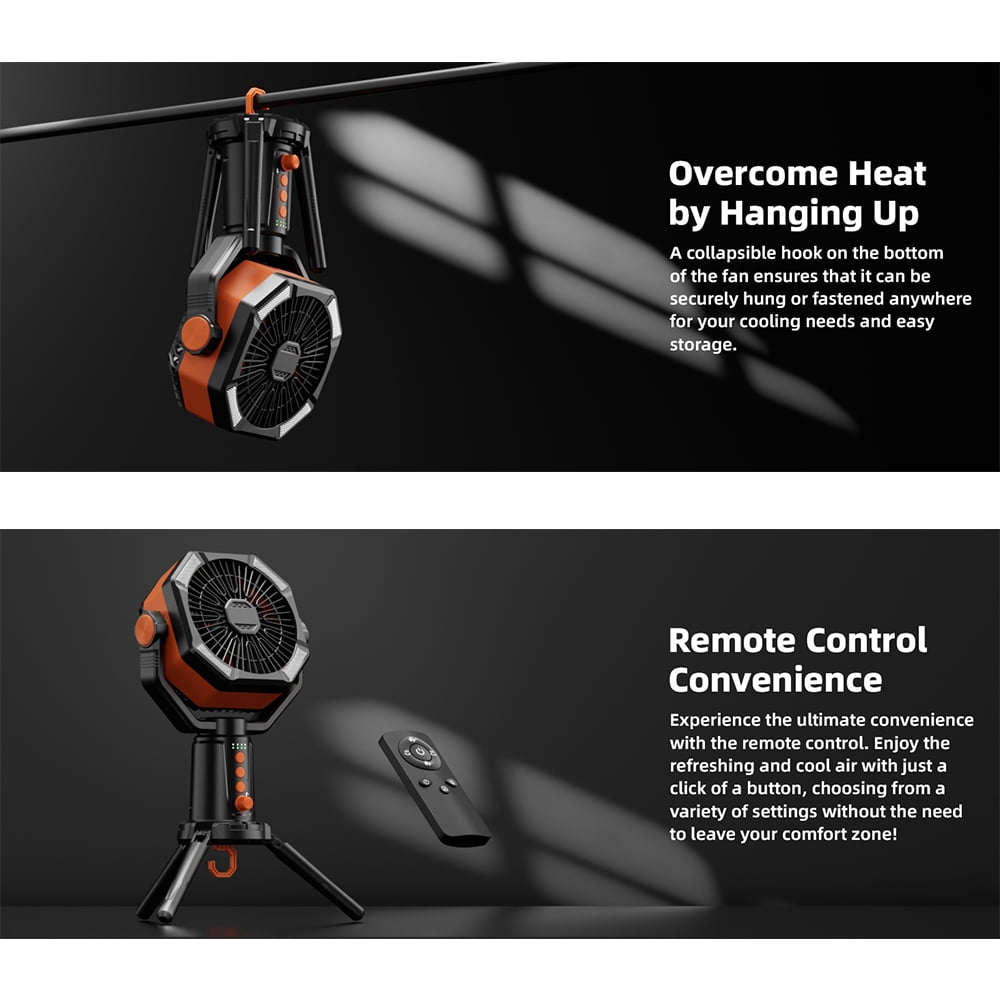 Table Fans Tripod, 20000mAh Rechargeable Battery Operated Portable Tent Fan with LED Lantern, Remote Control, Hook, 270° Pivot, Stepless Speed-Ideal for Camping, Picnic, Barbecue, Jobsite