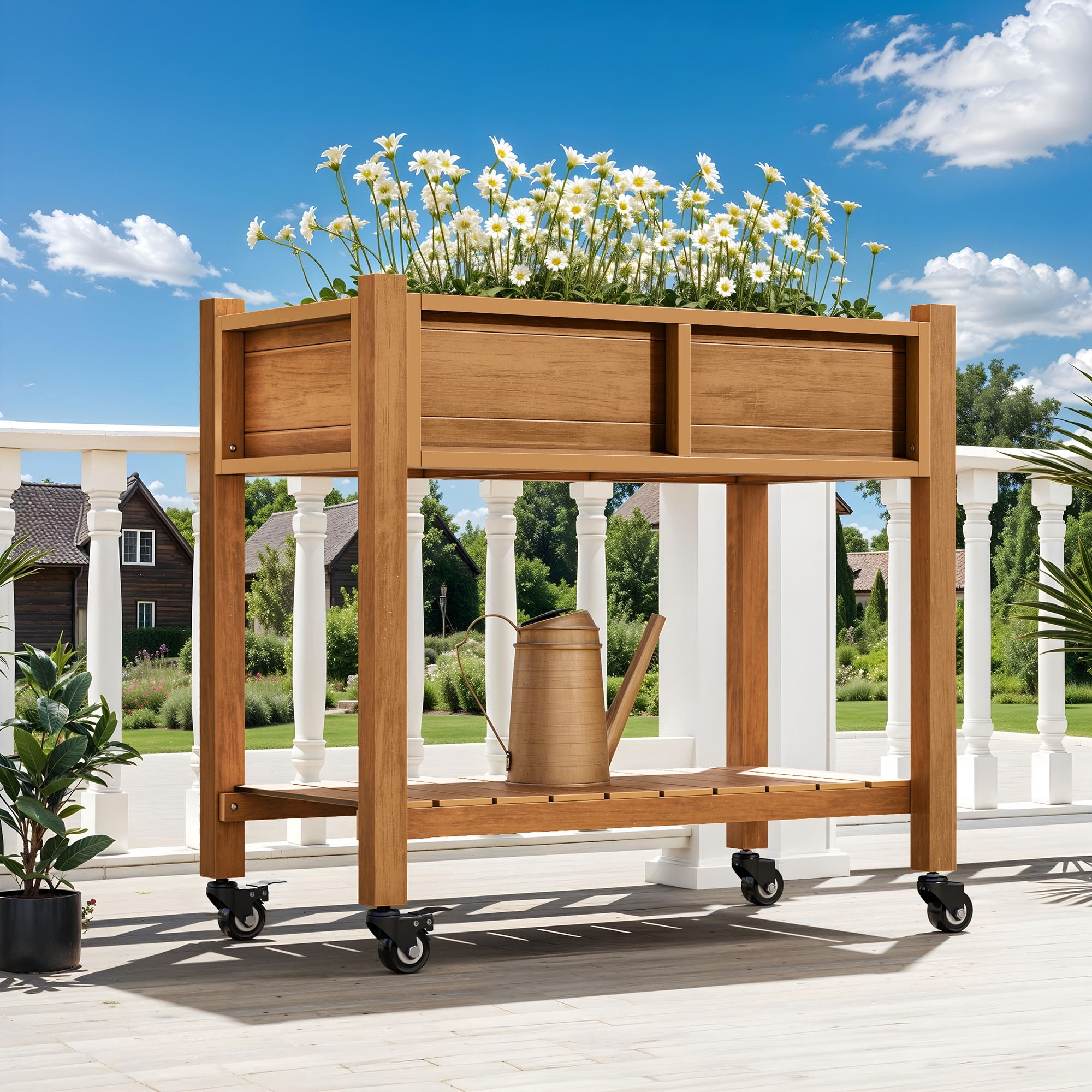 Uforic Elevated Planter Box with Wheels, Weatherproof HIPS Raised Garden Bed with Drainage, Natural