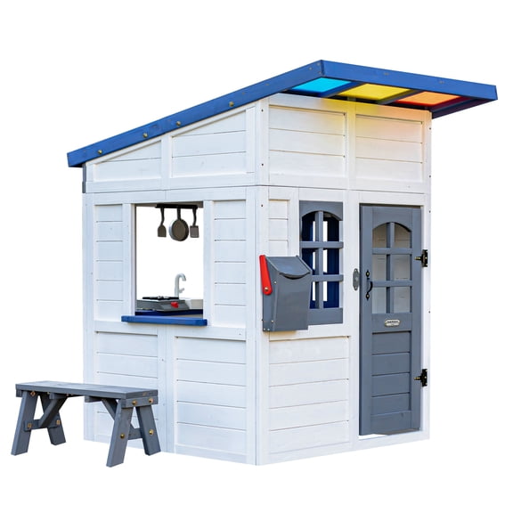 Teamson Kids Issac Wooden Playhouse with Kitchen, Flower Box and Bench, Gray