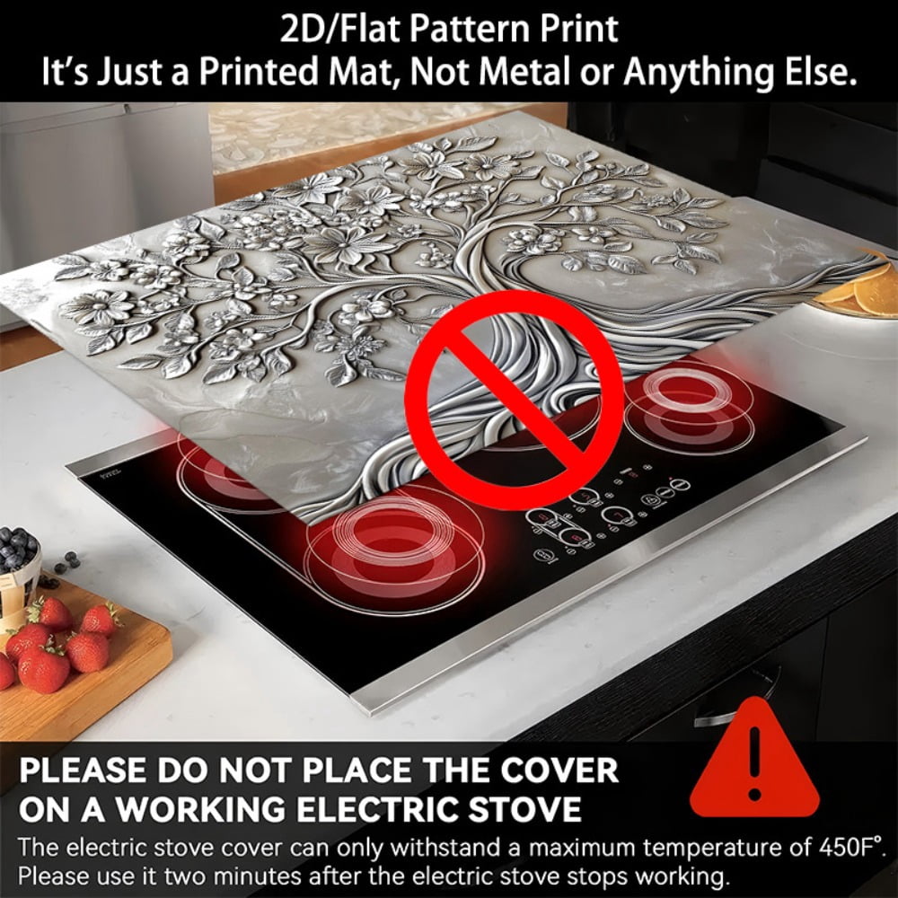 1 2D/flat stove cover protection pad, silver embossed wind flower branch leaf tree pattern design, 28.3x20.5 inches (72×52cm), easy to clean, perfectly suitable for any kitchen, washing machine, drye