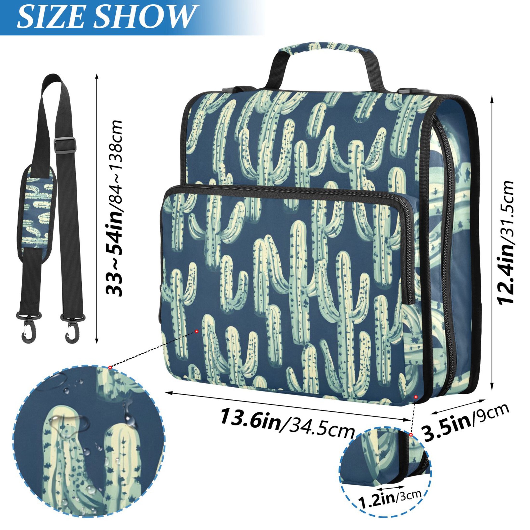 3 Ring Zipper Binder with Shoulder Strap Waterproof Trapper Keeper 2 Inch D-Ring 500 Sheets Capacity Cartoon Cactus