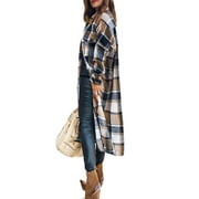 Long Plaid Cardigan For Women Long Sleeve Lapel Button Down Plaid Trench Coat Fall Winter Jackets