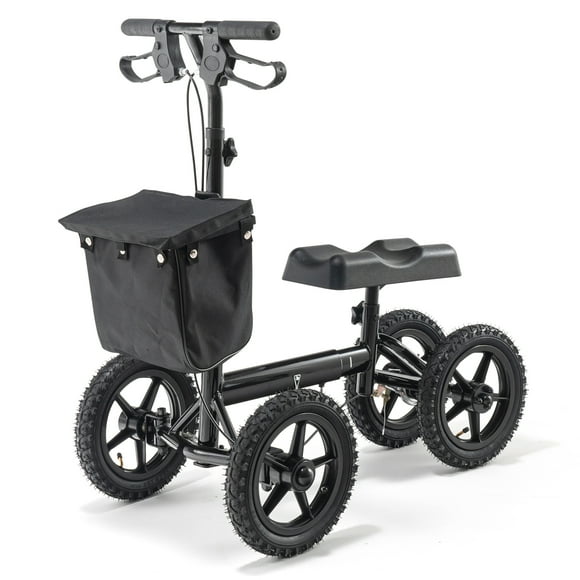 KFFKFF Collapsible Knee Transport, Aluminum Guidable Knee Mover with Customizable Handlebar & Knee Cushion, 12" All-Landscape Wheels, Twin Brakes, Limb Healing Transport, 350LBS