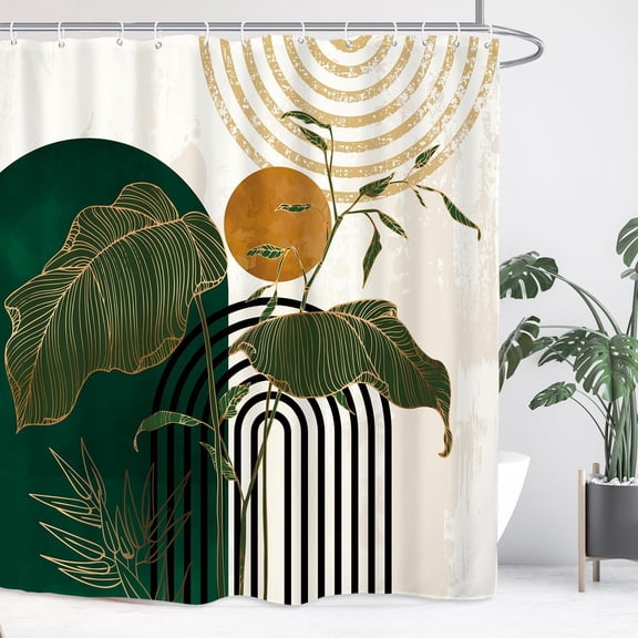 Abstract Mid Century Bathroom Shower Curtain 72W by 72H Inch Minimalist Modern Aesthetic Geometric Emerald Green Leaves Botanical Plant Polyester Fabric 12 Plastic Hooks Waterproof Decor