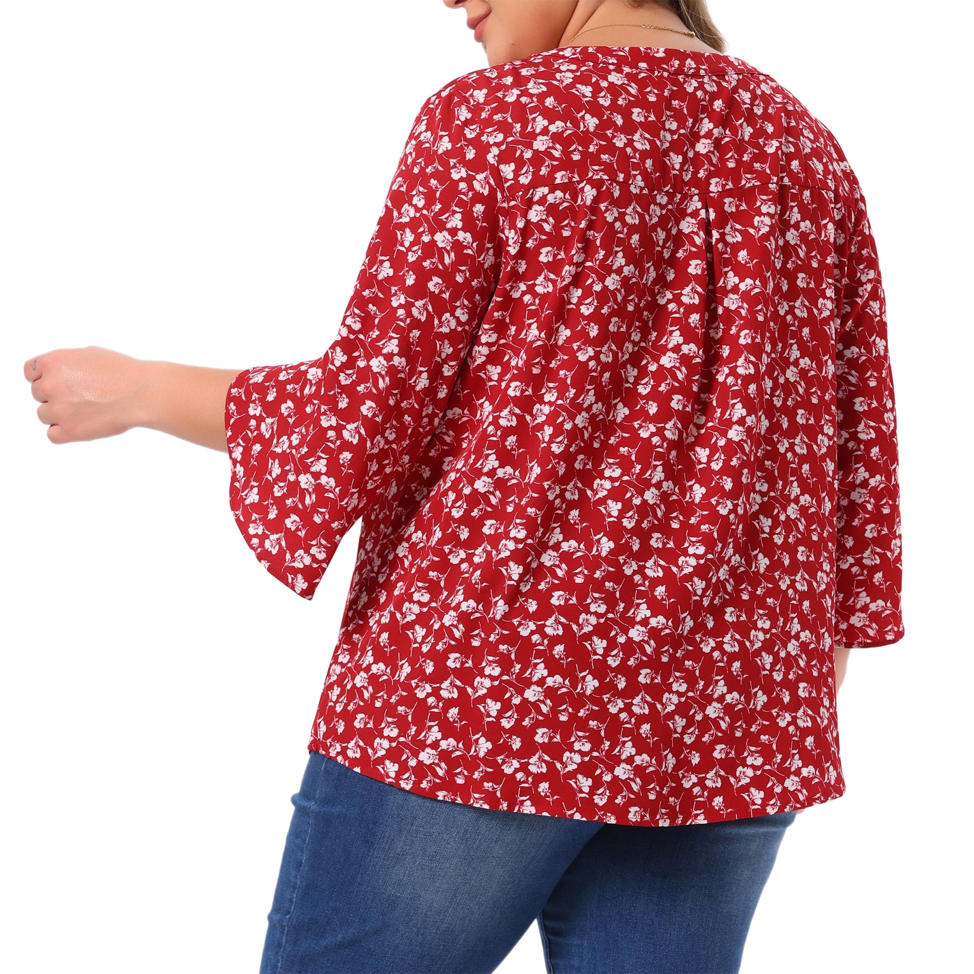 DARING DIVA Women's Plus Spring Tops 3/4 Sleeve V Neck Chiffon Work Dressy Shirt 4X Red