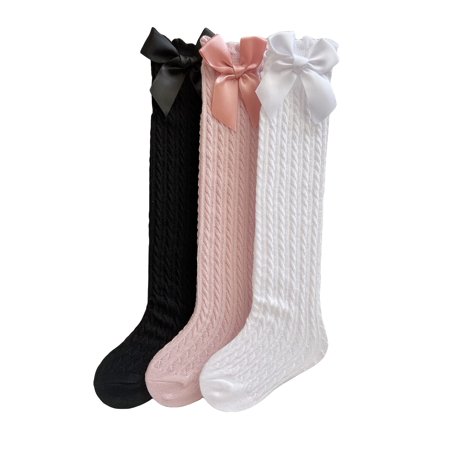 

OYOANGLE Girl s 3Pairs Knee High Socks Bow Cute Over Calf Kids Overknee Stockings Multicolor one-size