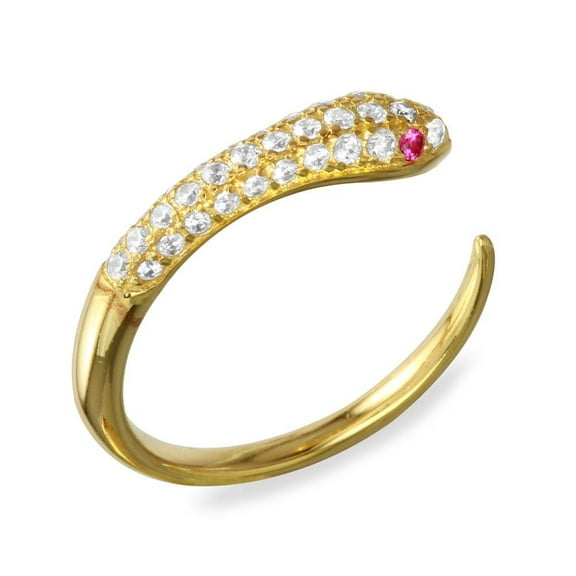 Polished Gold Plated 925 Sterling Silver Adjustable Snake Ring Band White CZ Female Size 5