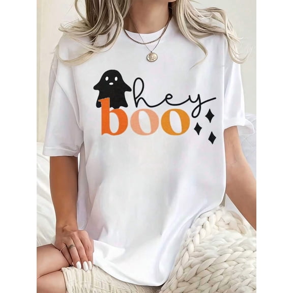 Women Round Neck T Shirt Ghost Hey Boo Print Casual Halloween Party