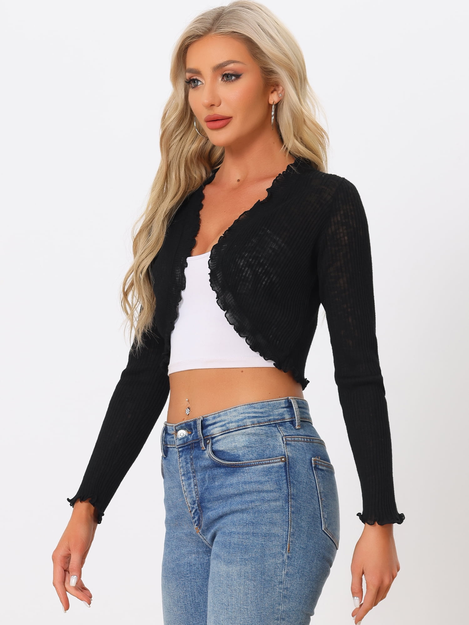 Unique Bargains Women's Ruffle Trim Long Sleeve Shrug Knit Open Front Cardigan M Black