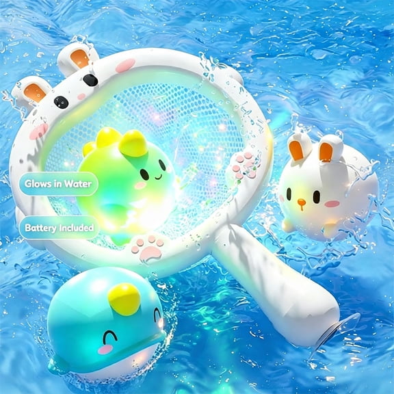 Bath Toys for Toddlers 1-3, Light Up Baby Bath Toys with Fishing Net, Floating Bathtub Toys for Infants 6 12 18 Months, Waterproof Pool Water Toys Gift for Baby Boys Girls