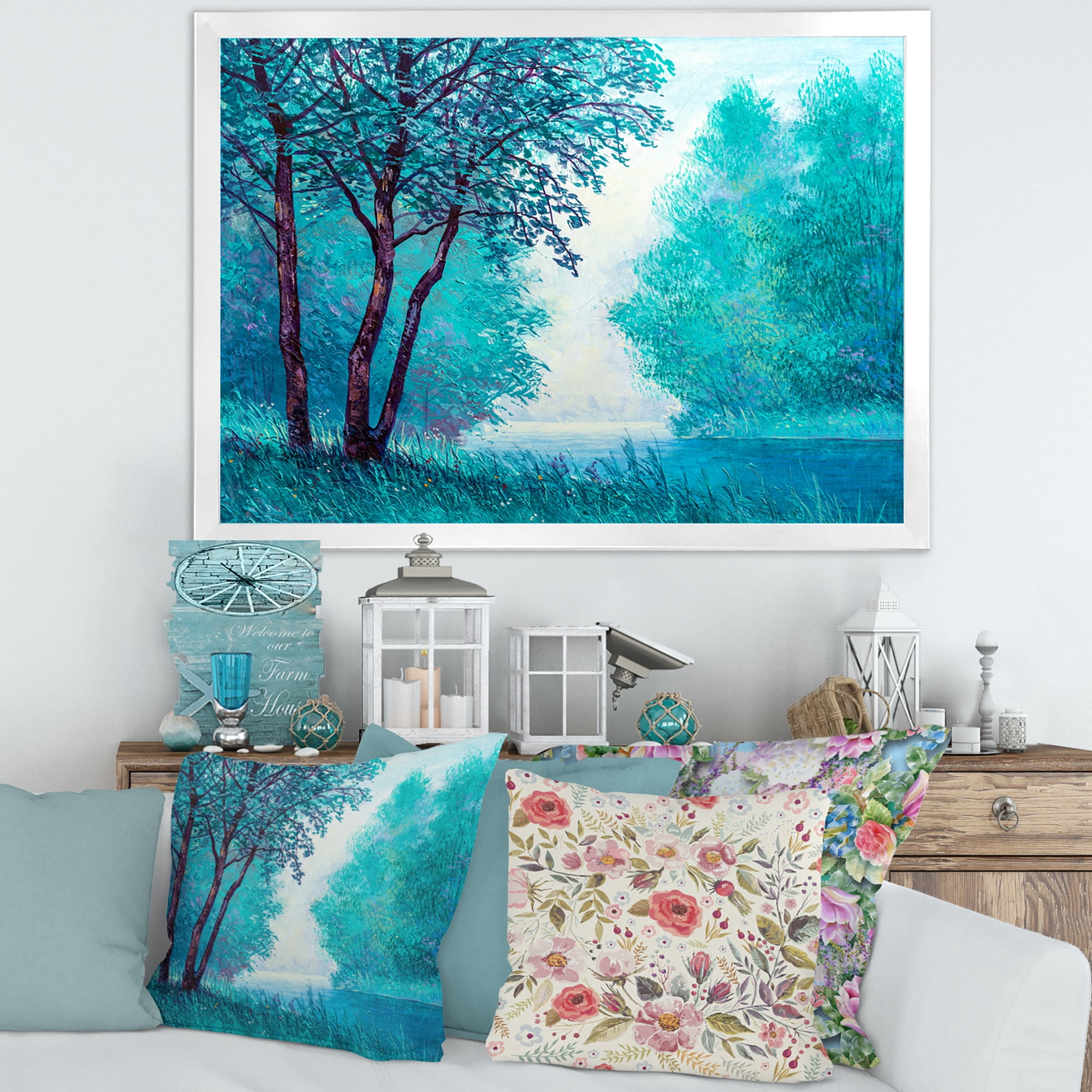 Designart 'Blue Coloured Tree Impression By Riverside' Lake House Framed Art Print