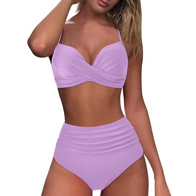 Huesdet Women Swimsuit Bikini Set Two Piece Ribbed Texture Side Cutout Tank Top Mid Rise Bathing Suit(Purple,S)