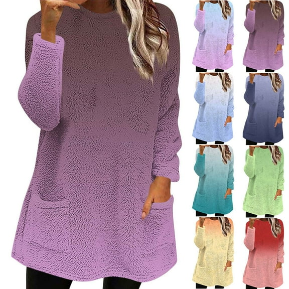 Womens Gradient Sherpa Pullover Casual Loose Fuzzy Fleece Sweatshirts Fluffy Fall Winter Soft Plush Outerwear with Pockets