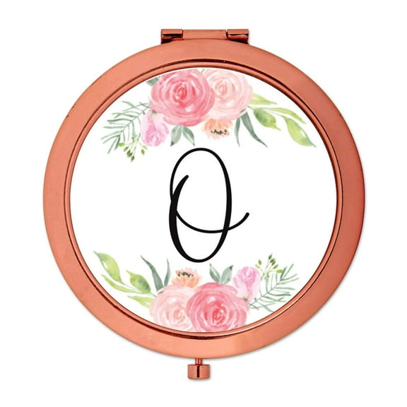 Koyal Wholesale Compact Mirror Bridesmaid's Wedding Gift, Rose Gold, Monogram Letter O, Peach and Pink Roses, 1-Pack