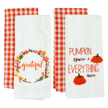 Country Fall Thanksgiving Kitchen Set, 4 Pc.: Two Flour Sack Towels and Two Colorful Gingham Towels, Grateful Pumpkin Spice and Everything Nice