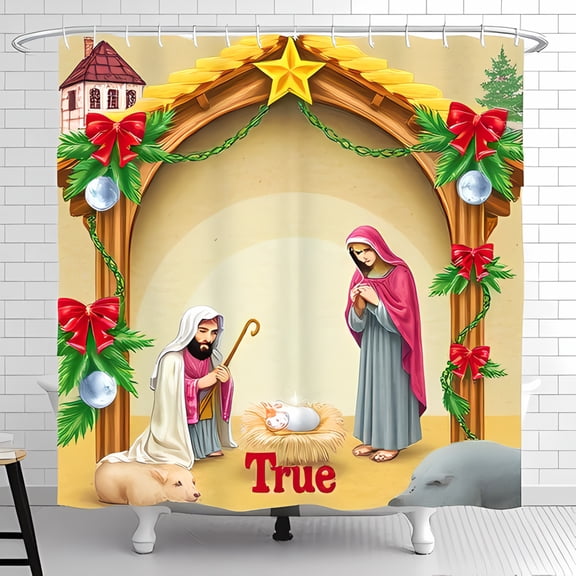 Festive Nativity Scene Shower Curtain - Vibrant Green Garlands Red Bows and Serene Figures - Perfect for Holiday Decor