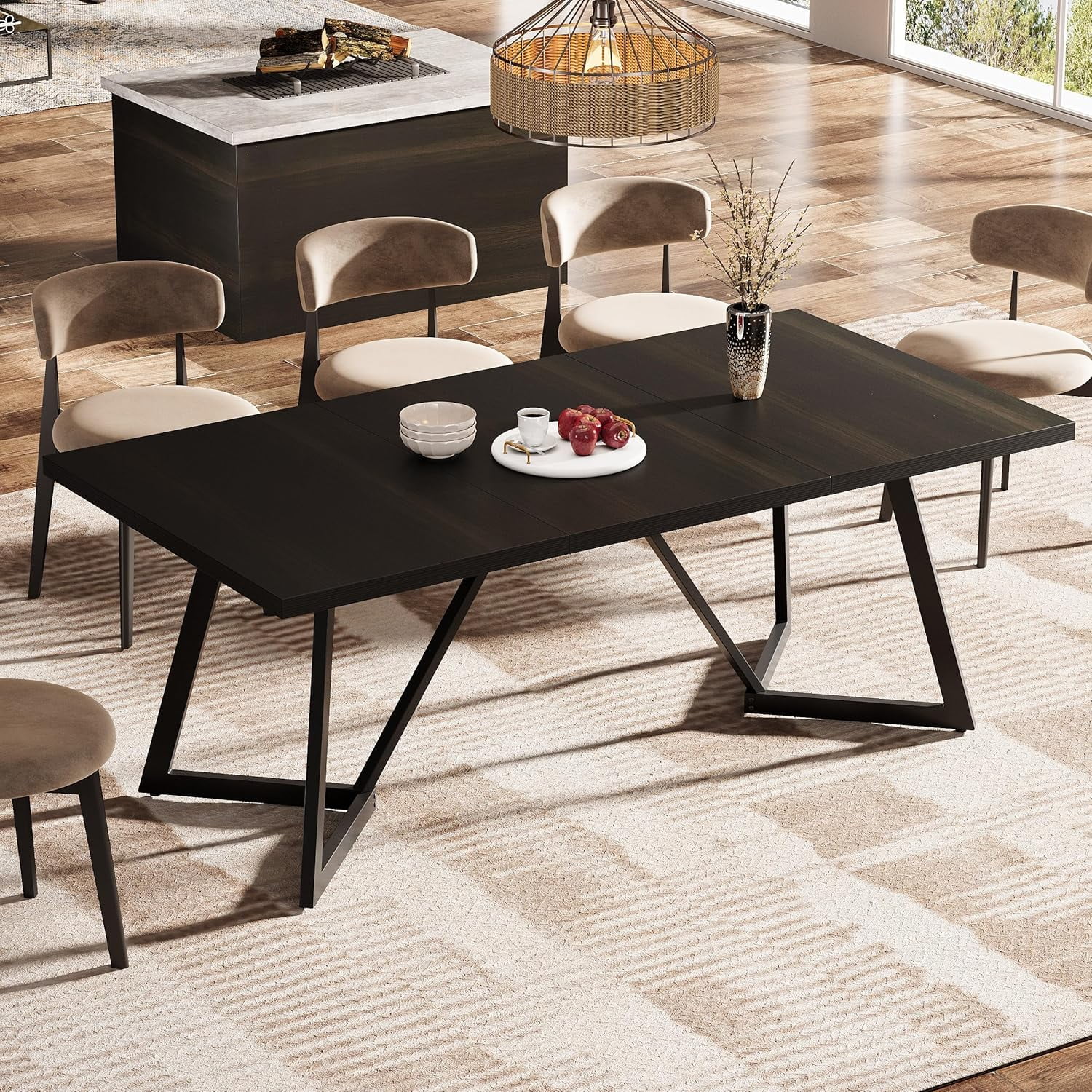 Tribesigns 70.86-Inch Large Dining Table for 6-8, Modern Black Dining Room Table with Metal Frame for Home Living Dining Room Family