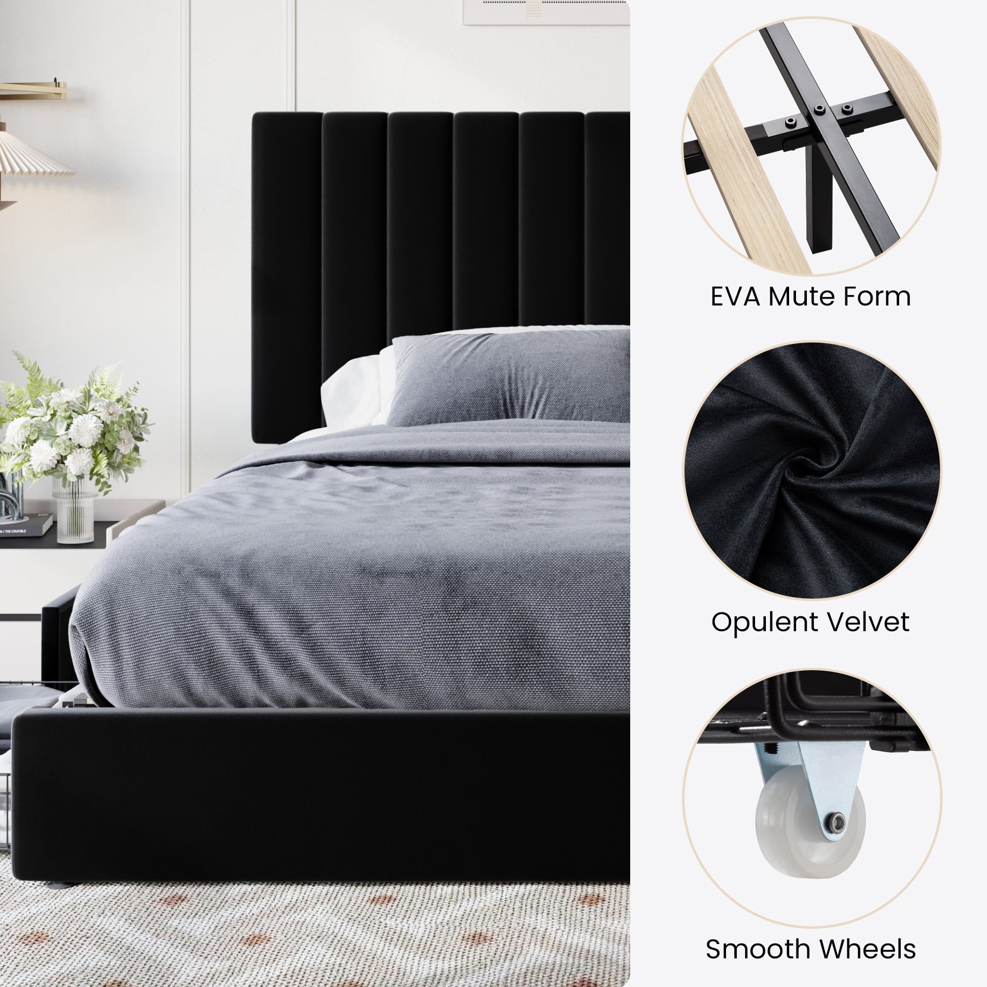 Allewie King Size Storage Bed Frame,Adjustable Headboard, Velvet Upholstered Platform Bed with 4 Oversized Underbed Drawers, Wooden Slats Support, No Box Spring Needed, Black