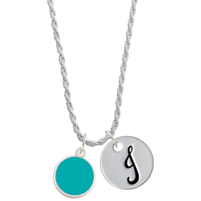 Delight Jewelry Silvertone Small Teal Enamel Disc Silvertone Script Initial Disc - J - Charm Necklace, 20"+3"