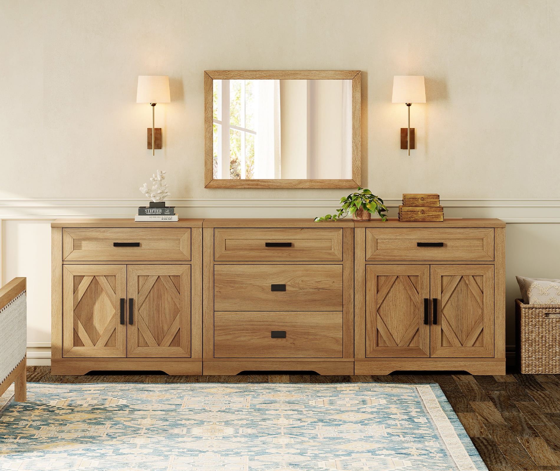 WAMPAT 94.5"W Large TV Stand,3-in-1 Farmhouse Entertainment Center with Storage Barn Door Cabinet,TV Console Table With Media Cabinet and Drawers for Living Room,Bedroom,Walnut