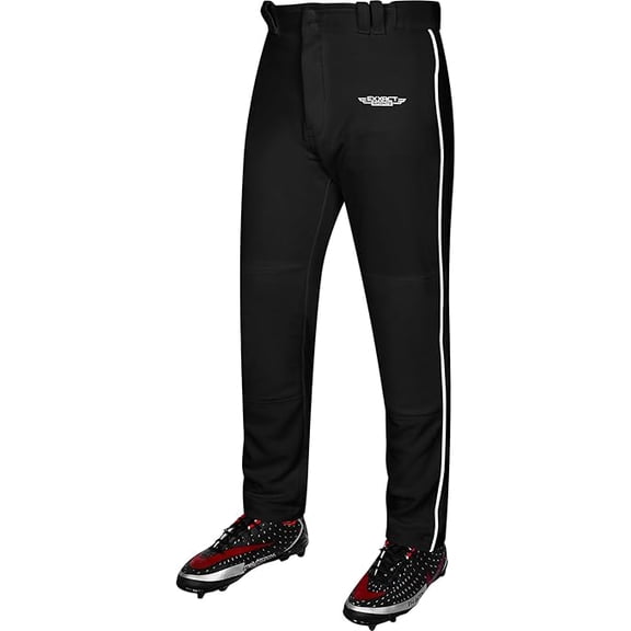 Exxact Sports Home Run Men's Baseball Pants with Piping - Full-Length, Semi-Relaxed Fit, Open-Bottom Adult Baseball Pants - (AXL, Black/White Piping)