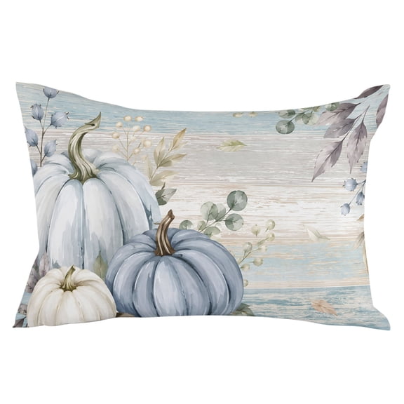 Blue Fall Pumpkin Throw Pillow 12x20 Inch, Autumn Maple Leaf Retro Thanksgiving Waterproof Outdoor Pillow Covers with Insert, Decorative Pillowcase Cushion for Couch, Sofa, Bed, Patio, Garden