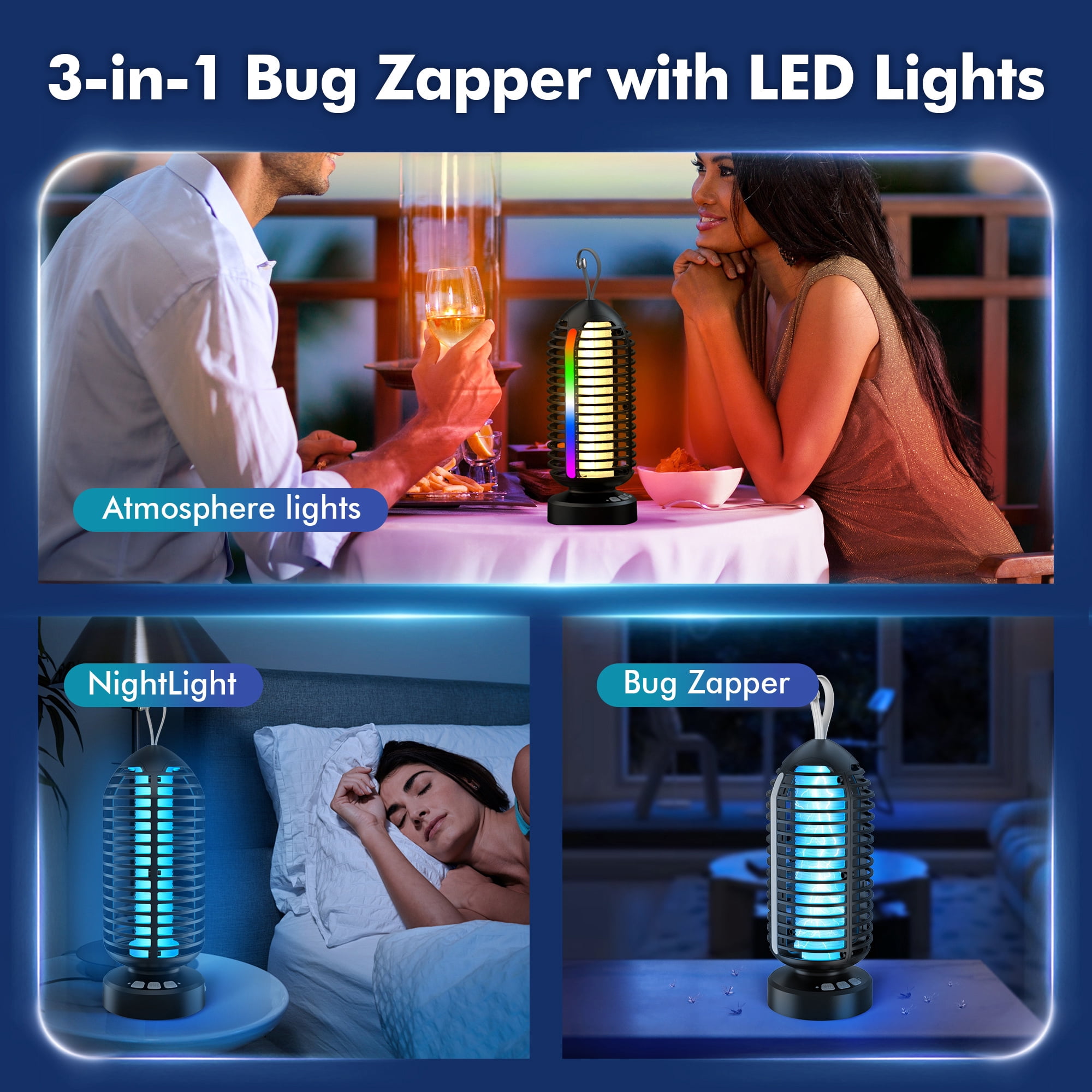 AENKYO Electric Bug Zapper Outdoor, Fly Mosquito Killer Lamp with Color Changing LED Light for Patio, Camping, Black, 2 Pcs